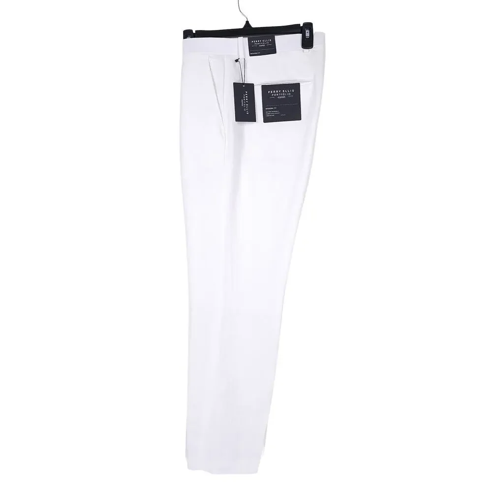 Perry Ellis Portfolio Mens Modern Fit Dress Pant 32x30 Bright White Linen Cotton